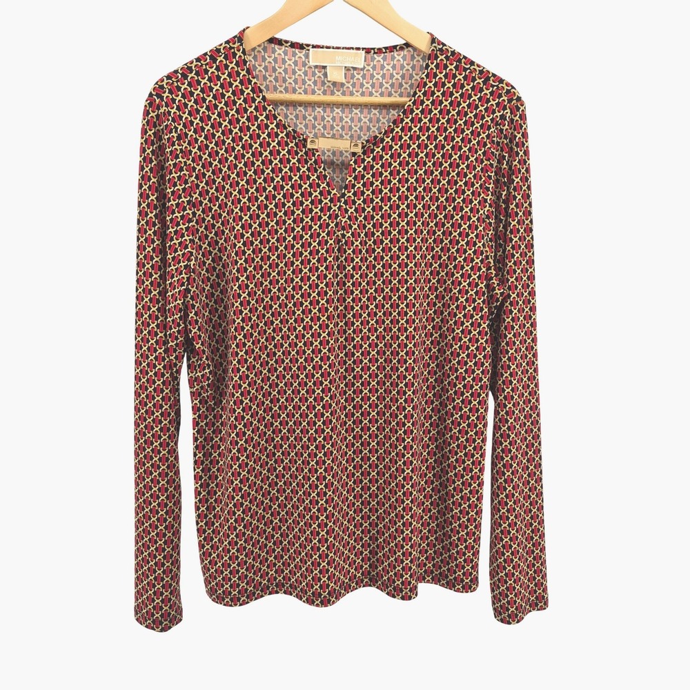 Michael Kors Women Red Geometric Gold Chain Print Top Metal Logo Equestrian